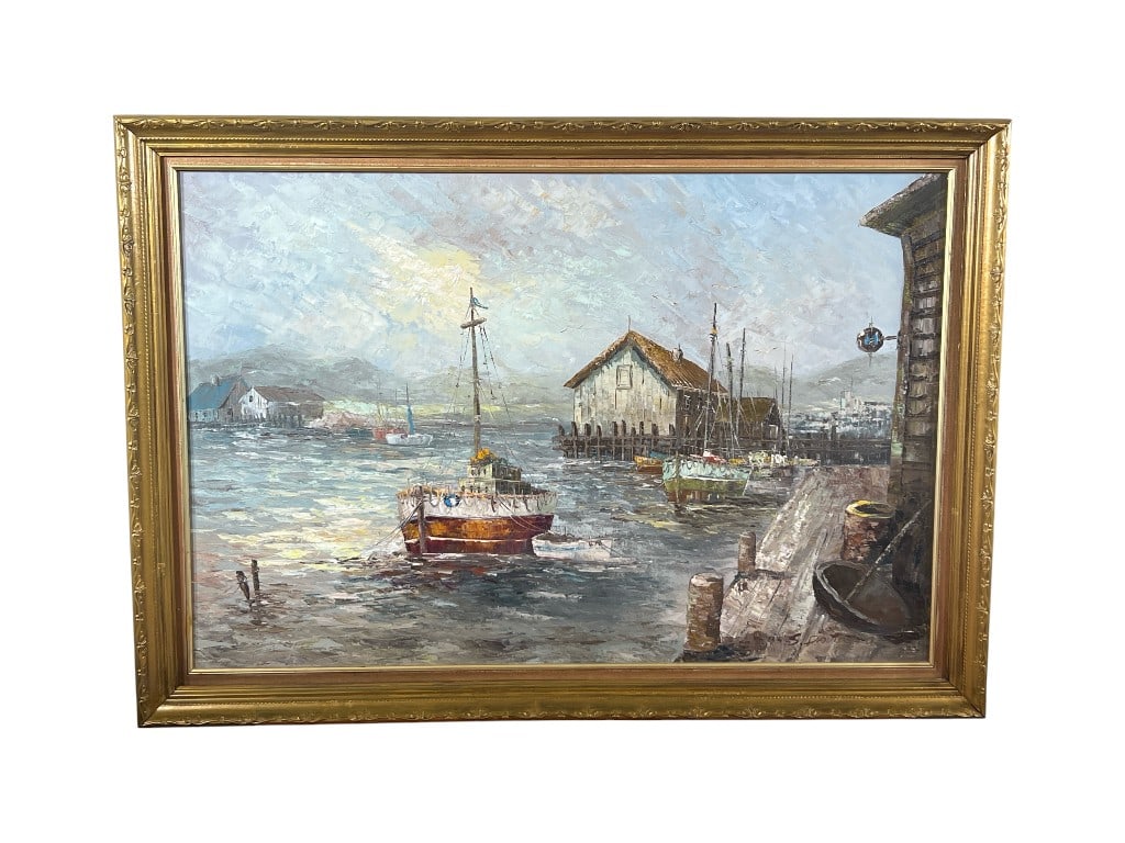 S. Davison, Impasto Harbor Scene with Fishing Vessels, Signed Oil on Canvas/Board, in Gilt Frame, 40 (1 of 6)
