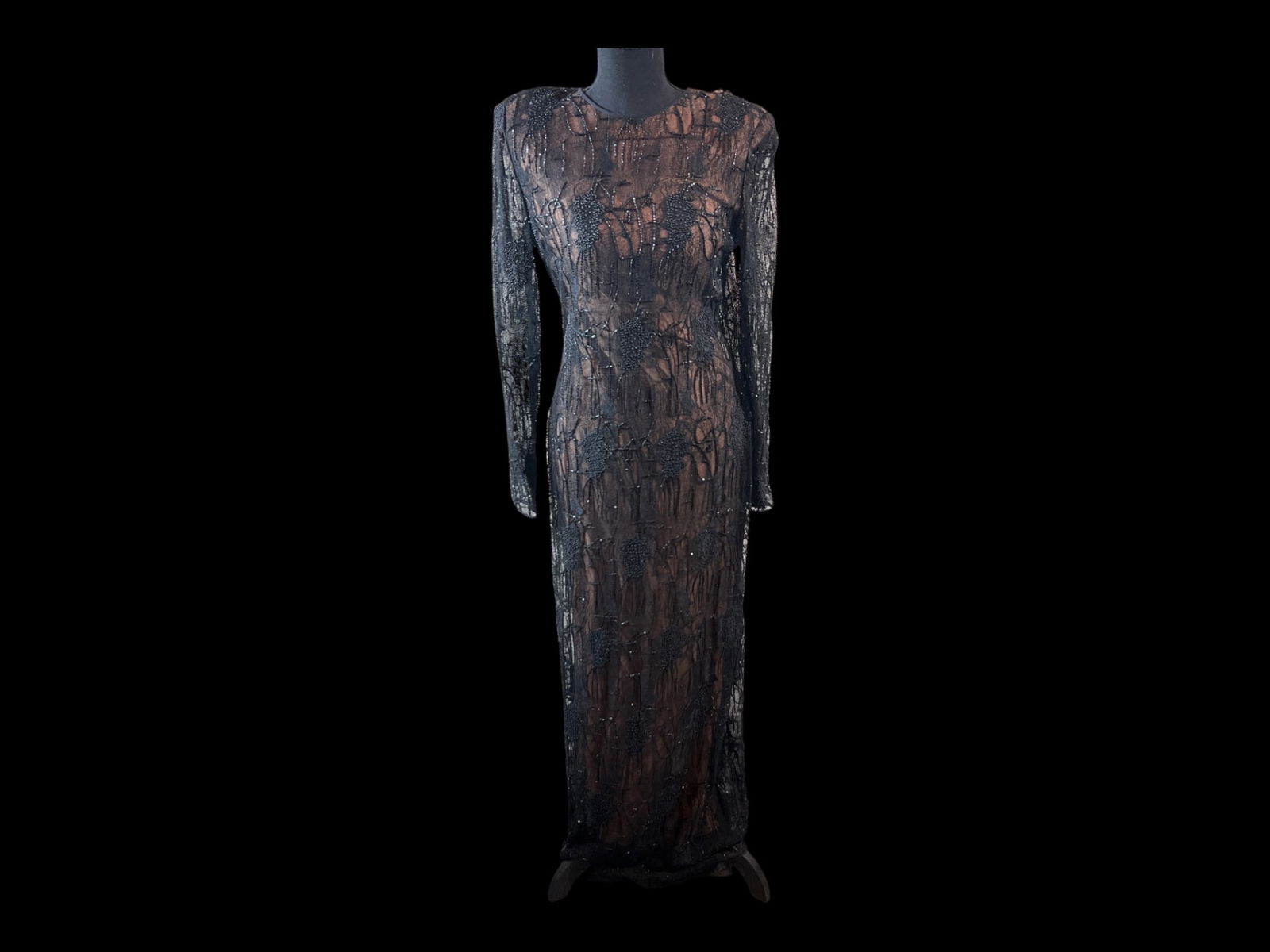 Oscar de la Renta, Made in U.S.A., Black Beaded Lace Column Gown with Sheer Sleeves (1 of 5)