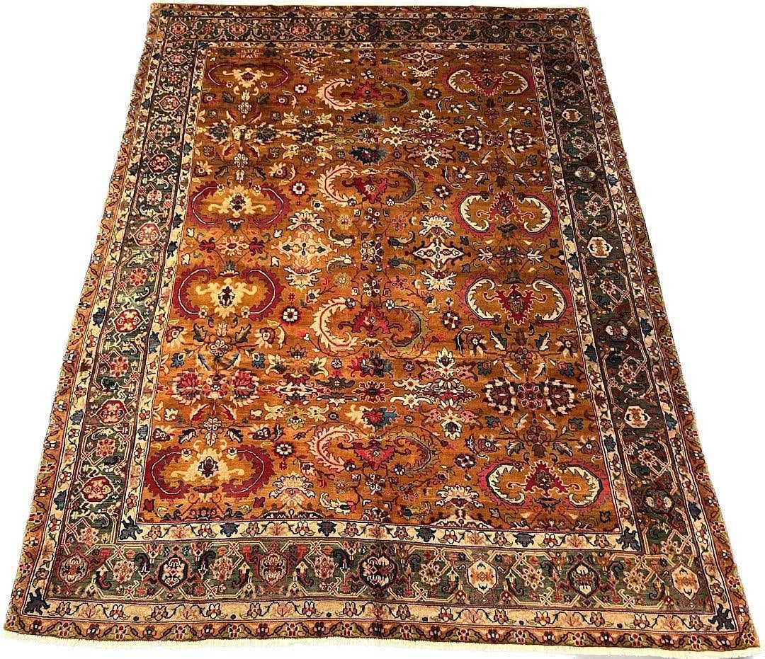 $14,500 Khorasan Design Wool Area Rug 7'11" x 11'4": A stunning handmade wool rug featuring the distinguished Khorasan design, showcasing an elegant amber-gold field adorned with intricate floral and medallion patterns. The piece displays a harmonious b