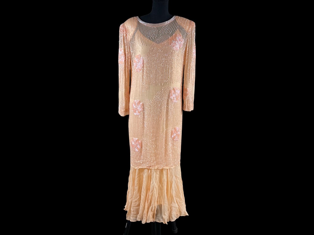 Oleg Cassini Peach Beaded Evening Gown with Matching Slip (1 of 6)