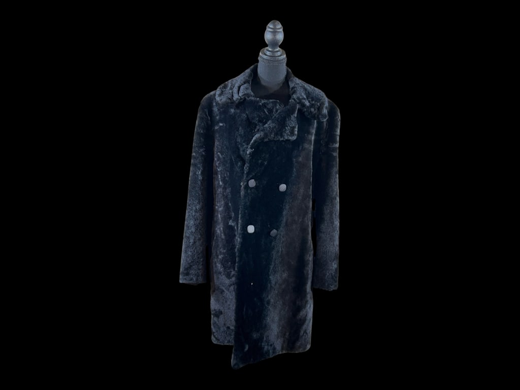 Double-Breasted Black Shearling (Sheepskin) Overcoat with Belted Back and Satin Lining (1 of 8)