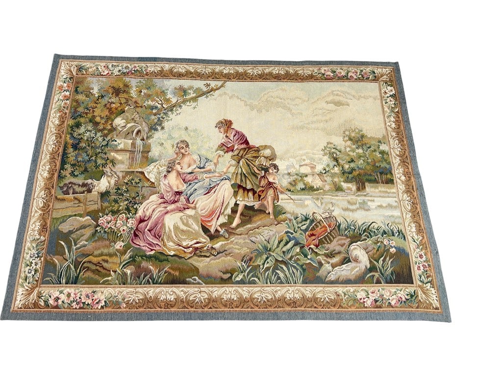Fine Quality Hand-Woven French Rococo Wool Tapestry After Fran §ois Boucher, Romantic Pastoral Scene: A charming hand-woven wool tapestry depicting an idyllic courtship scene in the celebrated manner of FranÃ§ois Boucher (1703â€”1770), the preeminent French Rococo master and court painter to Lo