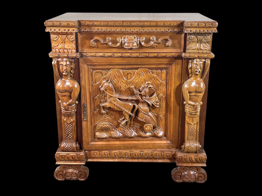 Renaissance Revival Carved Walnut Cabinet with Caryatid Supports and Figural Relief Door, 40"H (1 of 12)
