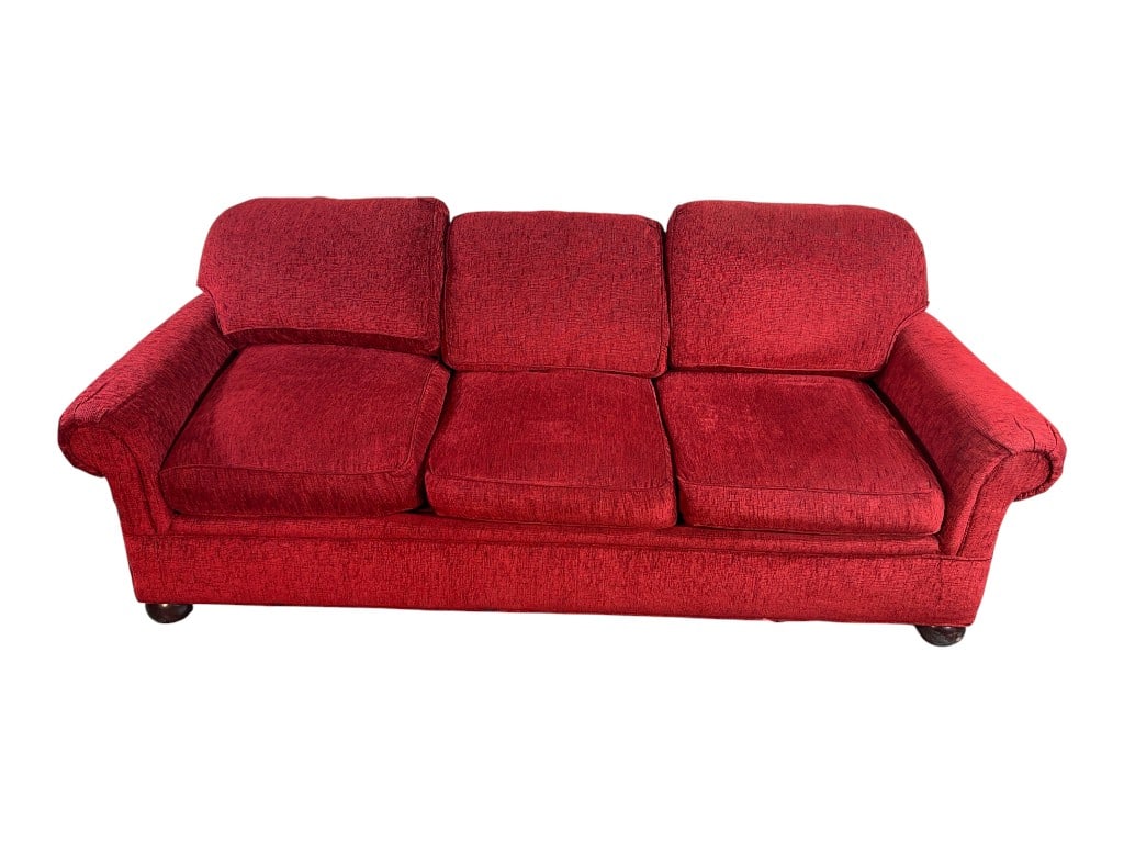 American of High Point Custom Upholstered Three-Cushion Sofa, Textured Red Chenille, 29"H (1 of 8)