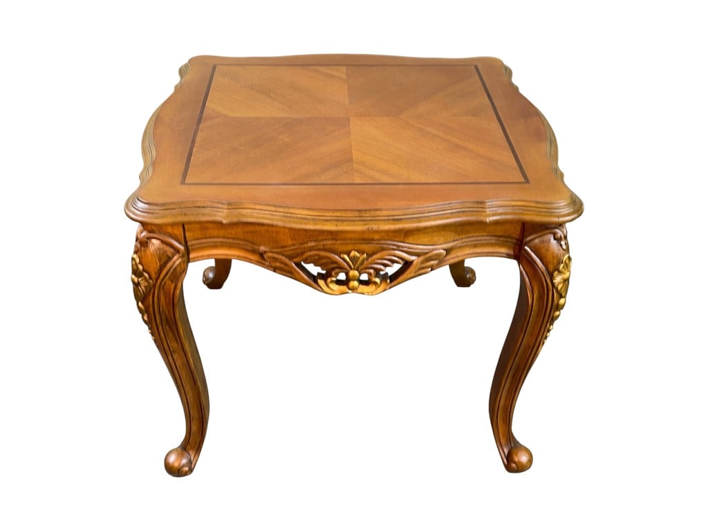 Carved French Provincial Style Parquetry-Top Side Table with Gilt Accents, 23"H (1 of 6)