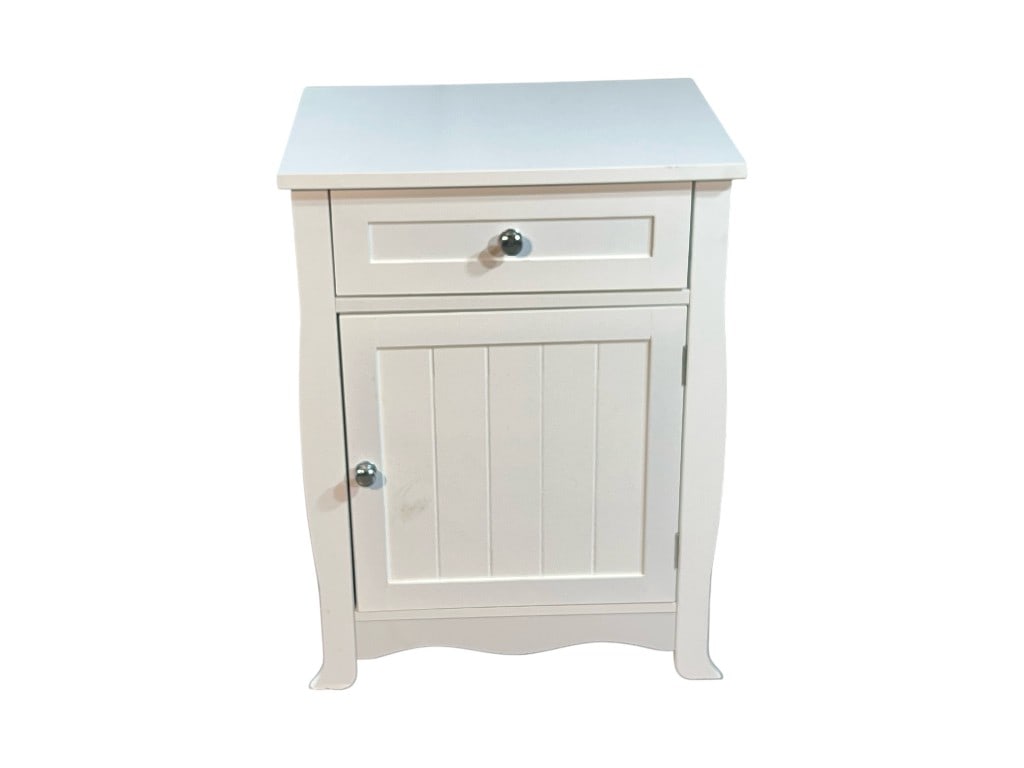 White Beadboard-Panel Nightstand Cabinet with Drawer and Door, 24"H: A clean-lined white-painted bedside cabinet in an updated cottage/farmhouse manner, combining a single upper drawer with a lower cupboard door for discreet storage. The case presents a crisp rectangul