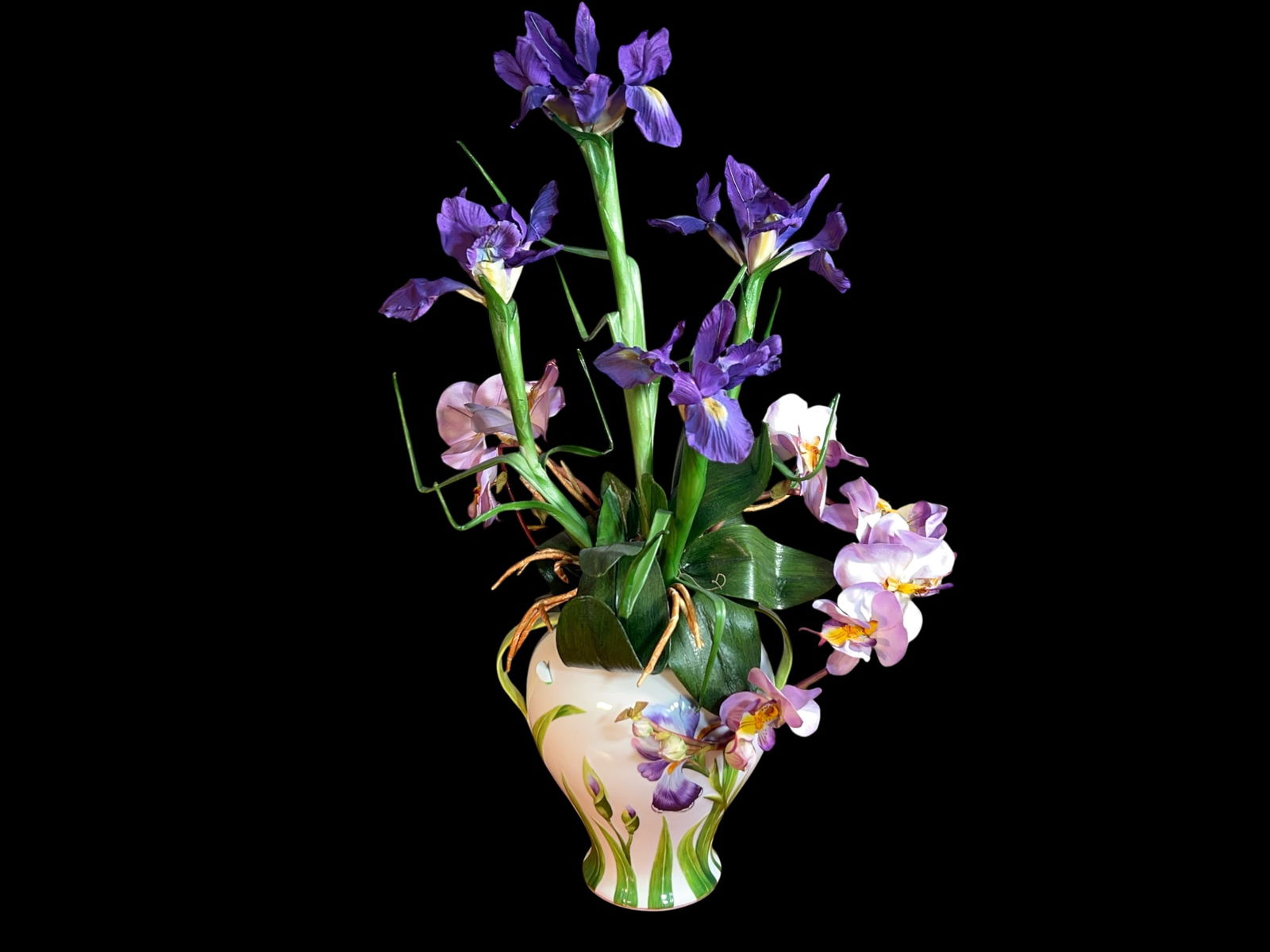 Herend Hungary Hand-Painted Porcelain Iris Vase with Mixed Faux Floral Arrangement, 25"H (1 of 5)