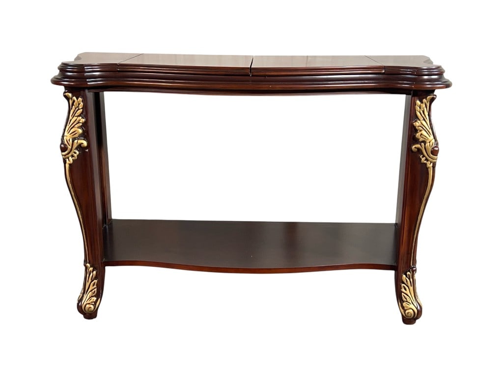 Hollywood Regency Style Figured Wood Veneer Console / Server Table with Pull-Out Leaves and Faux-Mar (1 of 9)