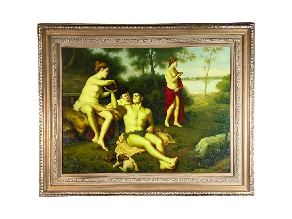 Robinson, Classical Figural Pastoral with Bathers, Oil on Canvas (Framed), 62"H: An academic, classically inspired oil-on-canvas figural scene, signed "Robinson," presenting an Arcadian riverside tableau with nude bathers in a wooded landscape. The composition centers on a reclini