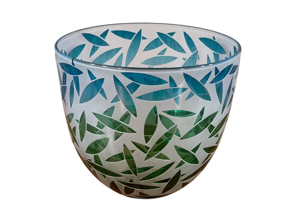Signed Engebretson & Nielsen Sandblasted and Cut Art Glass Bowl with Leaf Motif, 7"H (1 of 4)