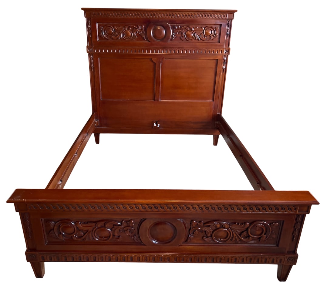 $4,500 Queen Carved Mahogany Bed Frame with Ornate Floral Design: This meticulously crafted queen solid wood bed frame features intricate carved detailing along both the headboard and footboard, showcasing a sophisticated floral motif intertwined with circular medal