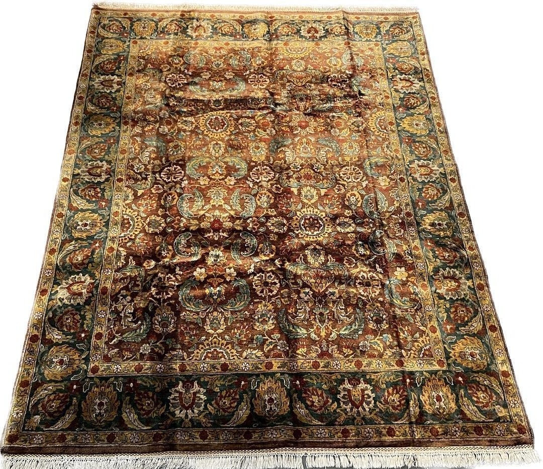 Khorasan Design Wool Area Rug 7'11" x 10'4": Stunning handmade wool area rug featuring a traditional Khorasan design with an intricate all-over floral pattern. The rich chocolate brown field is adorned with elegant turquoise, gold, and burgundy