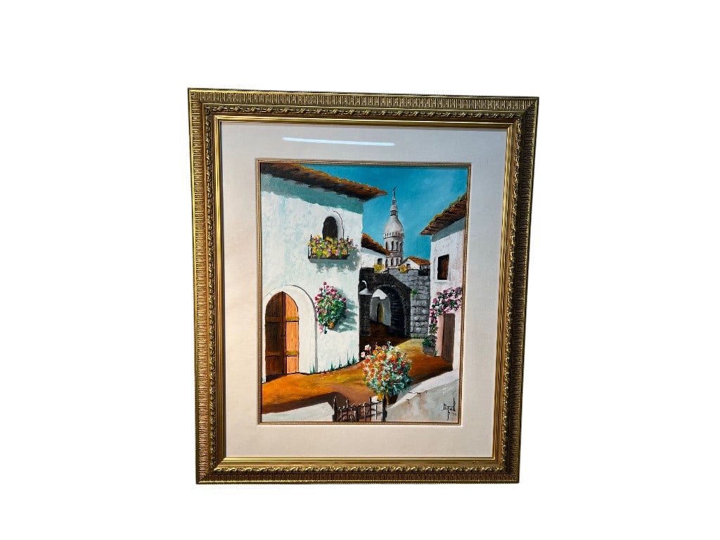 Custom Framed 1996 Signed Village Street Scene Oil Painting, 35 x 41": Oil painting depicting a vibrant village street scene with white stucco buildings and colorful floral accents. Signed and dated ‚ÄúMiguel 96‚Äù at the lower right, the piece features a church