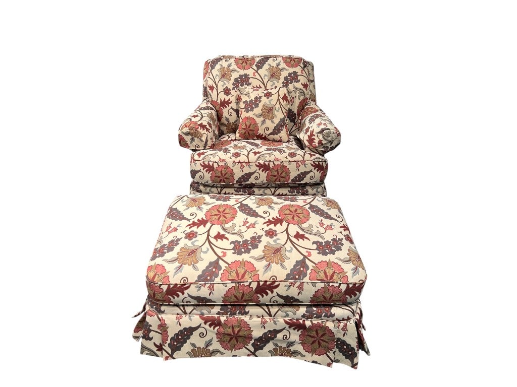 $1,800 New Upholstered Armchair and Ottoman Set with Floral Jacquard Fabric: This new elegant set features a generously proportioned armchair paired with a matching ottoman, both upholstered in a sophisticated floral jacquard fabric. The upholstery displays an intricate patter