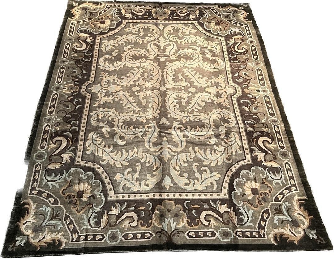 Tibetan Design Wool Area Rug 9'0" x 12'1": Elegant handmade wool area rug featuring a sophisticated Tibetan design. The piece showcases a refined gray and beige color palette with intricate scrolling acanthus leaf patterns throughout. A striki