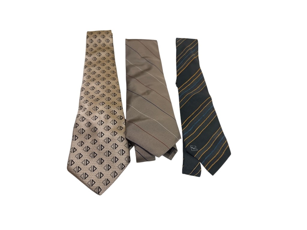 Set of Three Designer Silk Ties by Bill Blass, Studio by Fumagalli's, and Cravate: This elegant collection features three distinguished designer ties. The first tie, from Bill Blass, showcases a classic taupe base adorned with subtle diagonal stripes in red and cream, offering versa