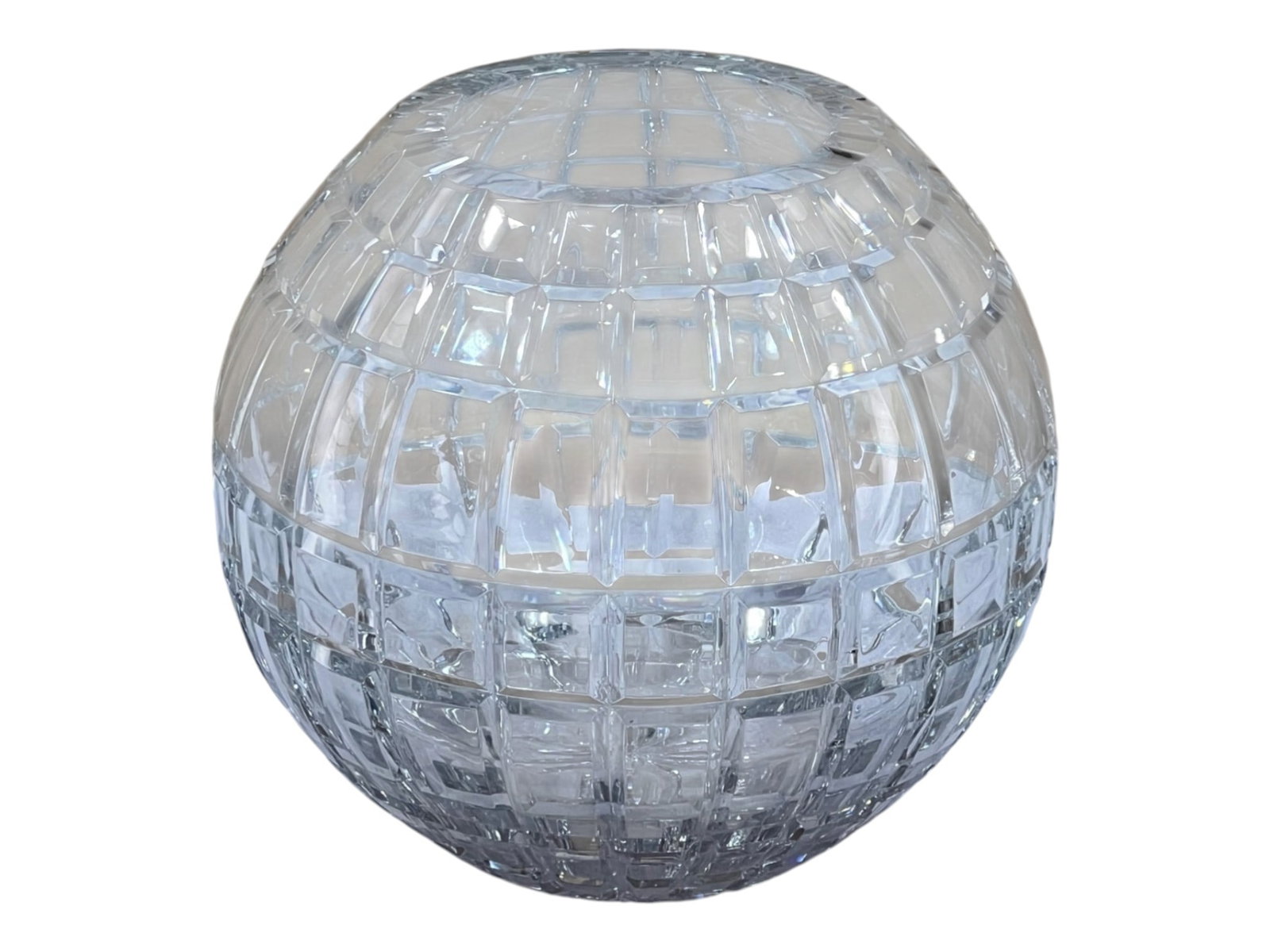 Crystal Globe Rose Bowl with Block Cut Pattern,: Crystal rose bowl fashioned in a distinctive spherical globe form with a horizontal block-cut pattern that wraps continuously around the piece. The geometric design features rectangular facets arrange