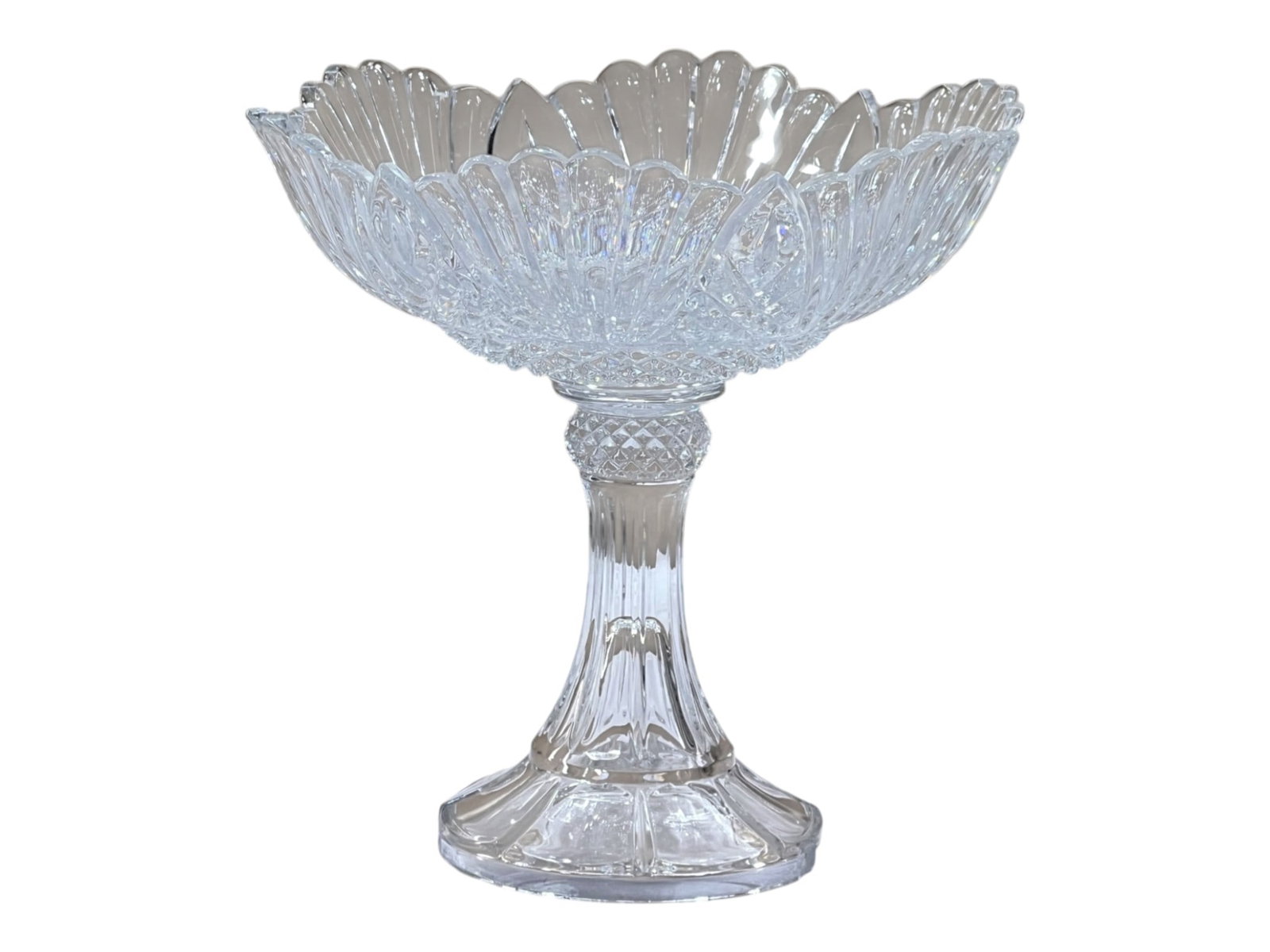 Pressed Glass Compote with Scalloped Petal Rim and Diamond-Cut Stem,: This ornate pressed glass compote showcases classic American brilliant period styling with a generously scalloped, petal-form rim adorned with radiating vertical ribs. The bowl interior features intri