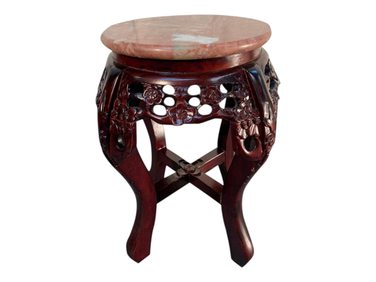 Chinese Carved Rosewood Plant Stand with Inset Pink Marble Top and Pierced Floral Apron: This charming Chinese plant stand pairs a richly carved rosewood base with a smooth, naturally veined pink marble top, creating a decorative accent piece rooted in centuries of Asian decorative tradit