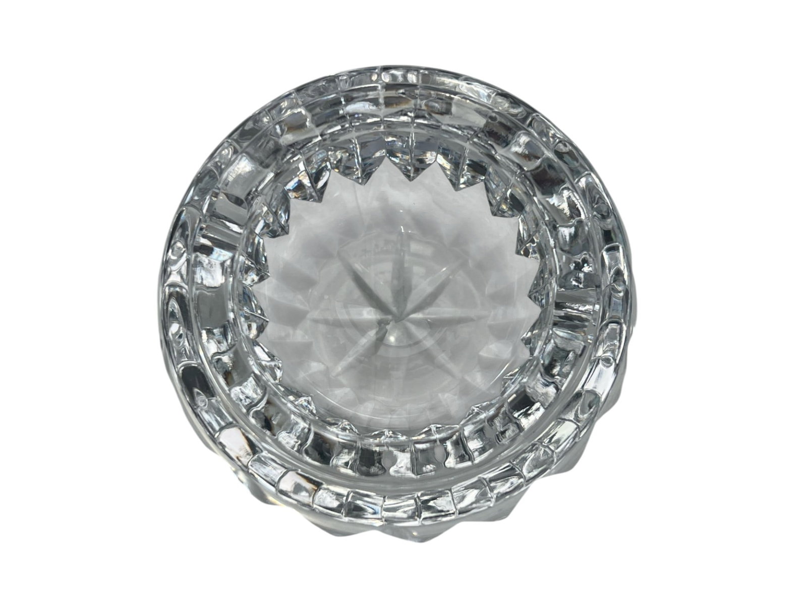 Cut Crystal Open Salt Cellar / Dip, 2″ H: A small heavy cut lead crystal open salt cellar (salt dip) of round form, the sides worked with vertical panel/flute cuts beneath a lightly scalloped rim, over a brilliant star-cut base. The well is f