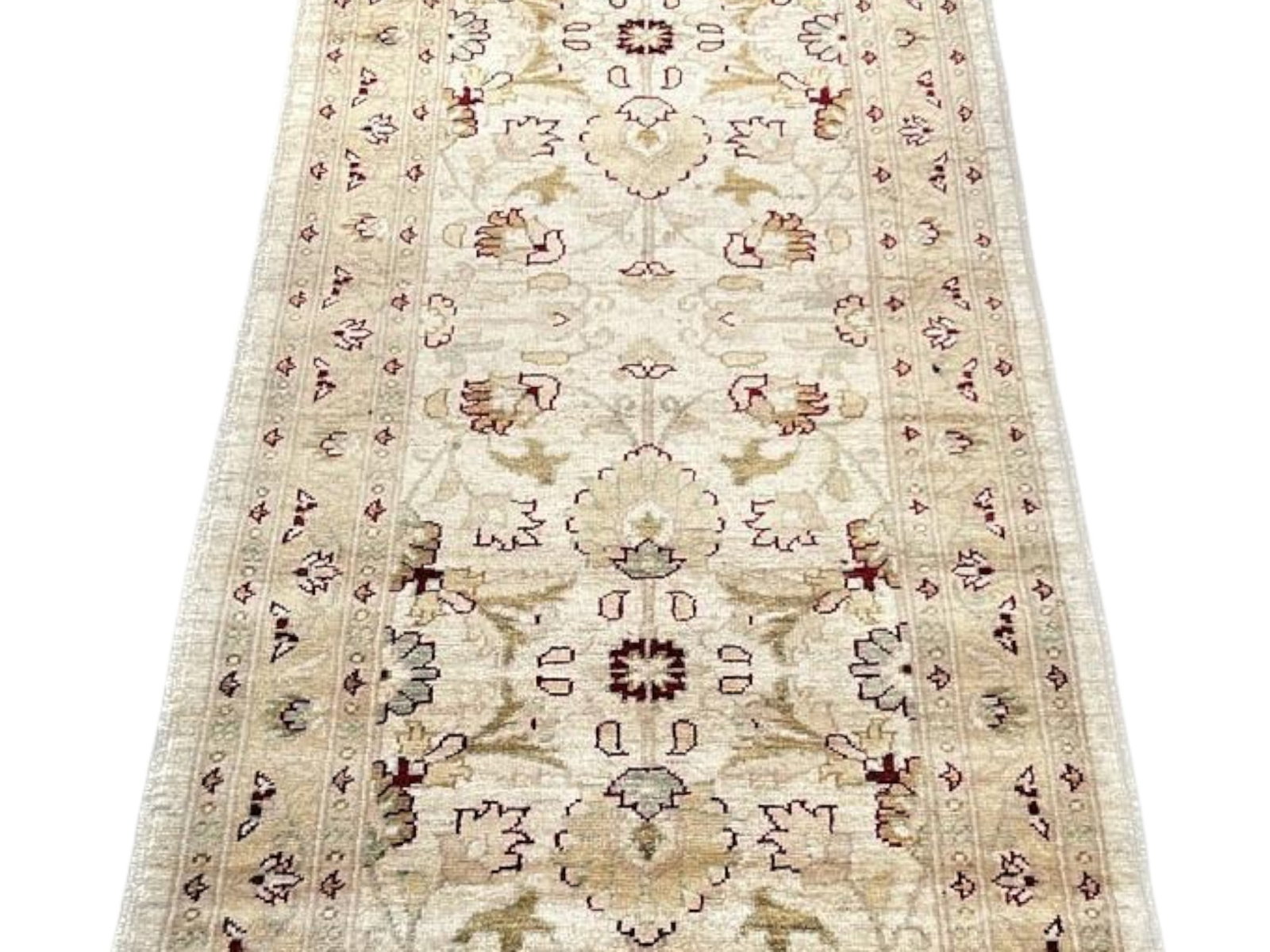 Peshawar Design Wool Runner Rug, 2.9 x 9.11: Peshawar design runner rug, genuine handmade in Pakistan, with an elongated field of stylized palmettes, vinery, and floral motifs framed by a repeating border in soft beige, tan, olive, muted blue, a