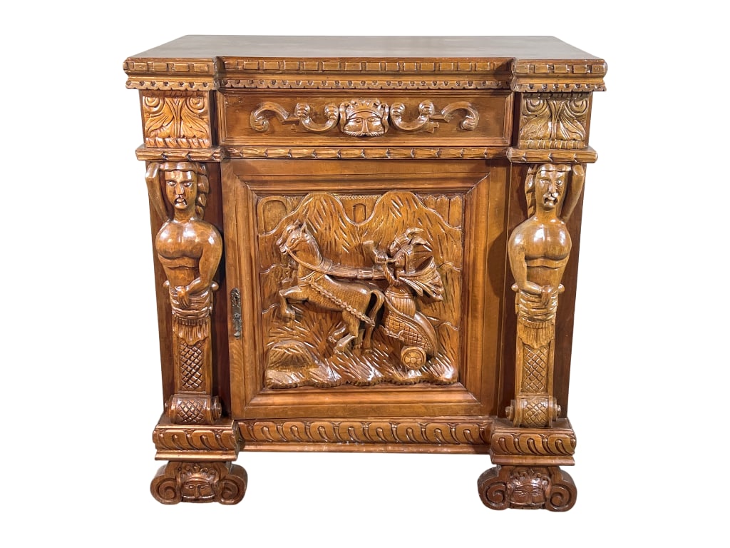 Renaissance Revival Carved Walnut Cabinet with Caryatid Supports and Figural Relief Door, 40"H (1 of 12)
