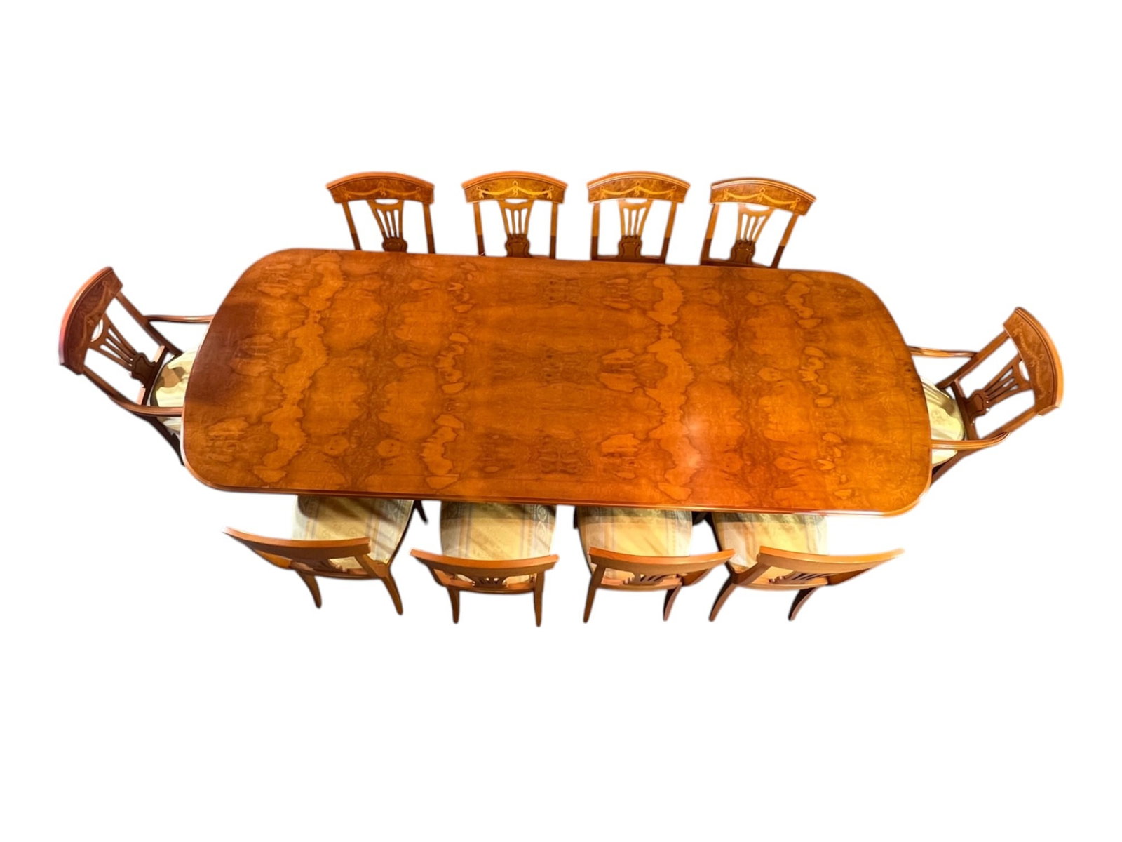 $21,500 Custom Made in Spain Burl Walnut Dining Table with Ten Chairs, Two Arm and Eight Side, (1 of 20)