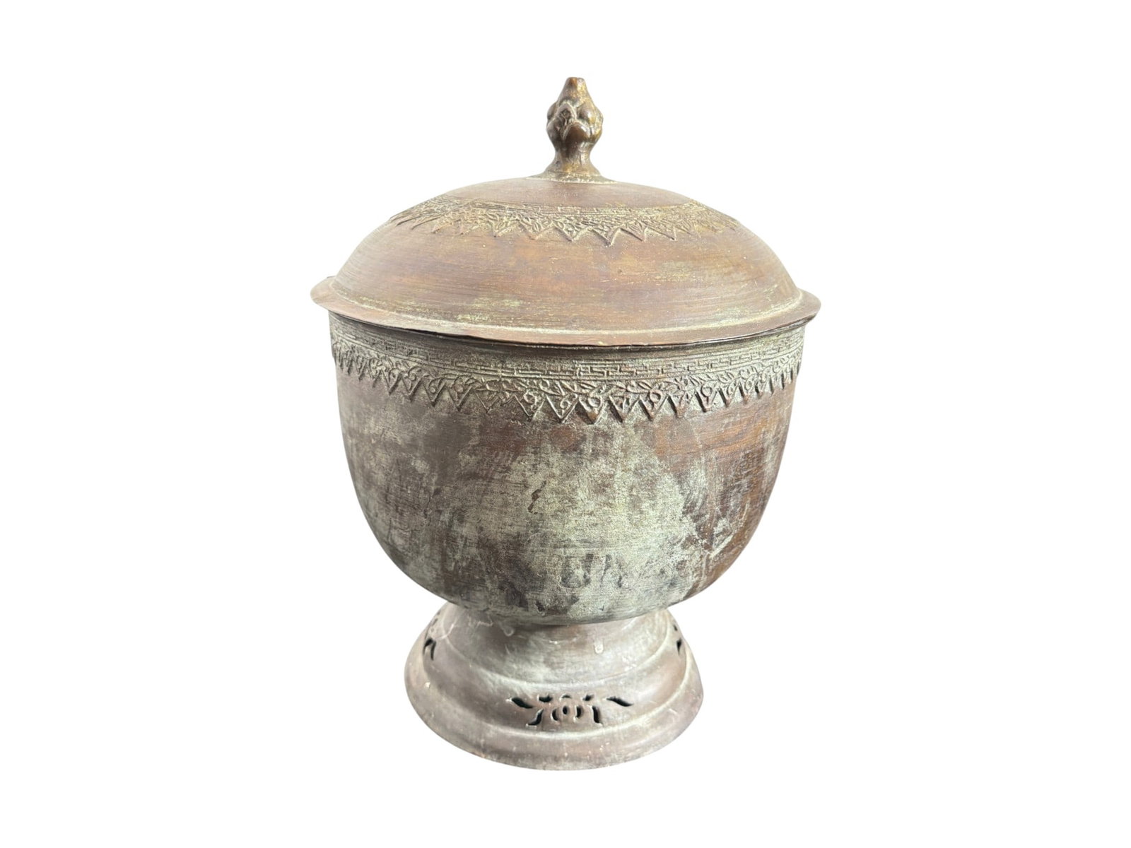 Bronze Lidded Ceremonial Vessel with Engraved Motifs, 12": This substantial bronze lidded vessel displays hallmarks of Southeast Asian ceremonial metalwork, likely of Thai or Burmese origin. The urn-form body rests on a stepped pedestal base featuring delicat