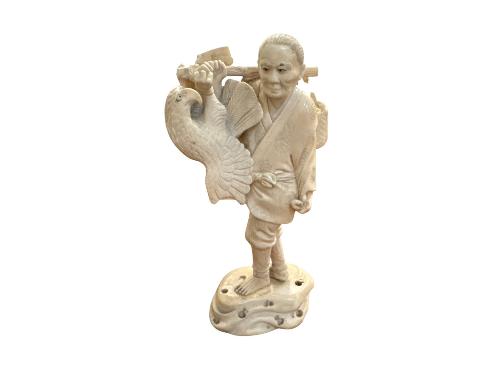 Figural Carving of Japanese Woman with Bird: Finely carved figural sculpture depicting a standing Japanese woman in traditional dress, shown balancing a shoulder pole and accompanied by a large bird at her side. The composition is rendered in a 