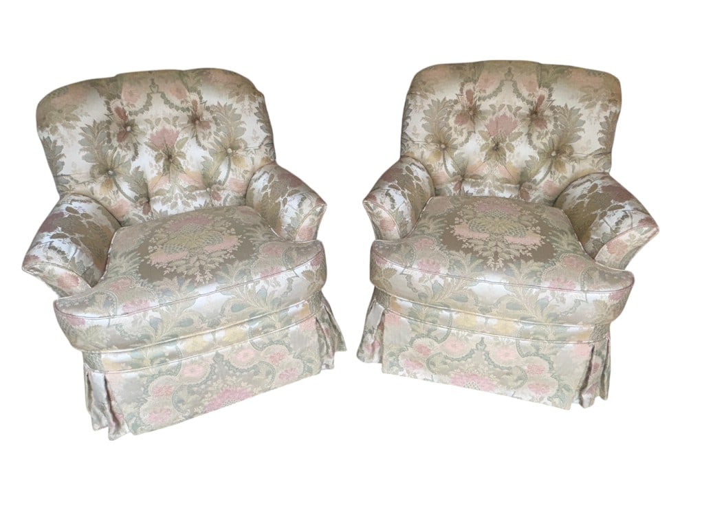 Pair of Harden Tehmina Swivel Rocker Lounge Chairs with Custom Floral Damask Upholstery: Pair of Harden Tehmina Swivel Rocker Lounge Chairs features luxurious damask upholstery in an elegant floral and foliage motif. Chairs display a palette of soft gold, sage green, blush, and ivory, wov