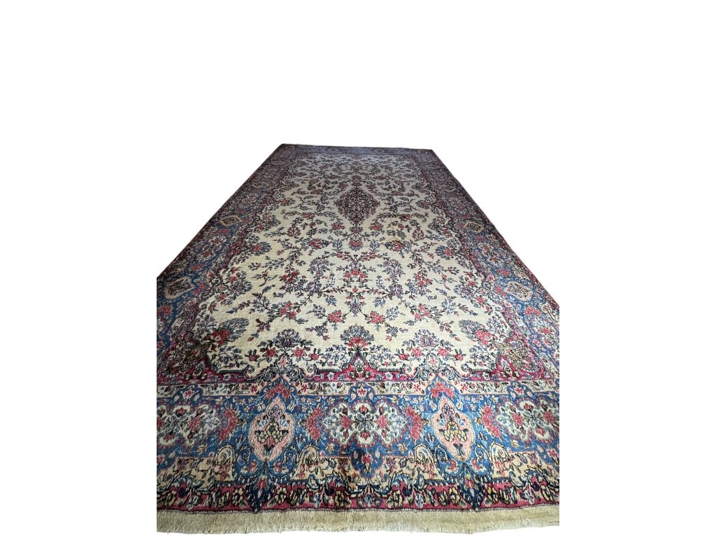 Fantastic Oversize Persian Kerman Wool Palace Carpet, Ivory Field with Floral Medallion and Blue - 2
