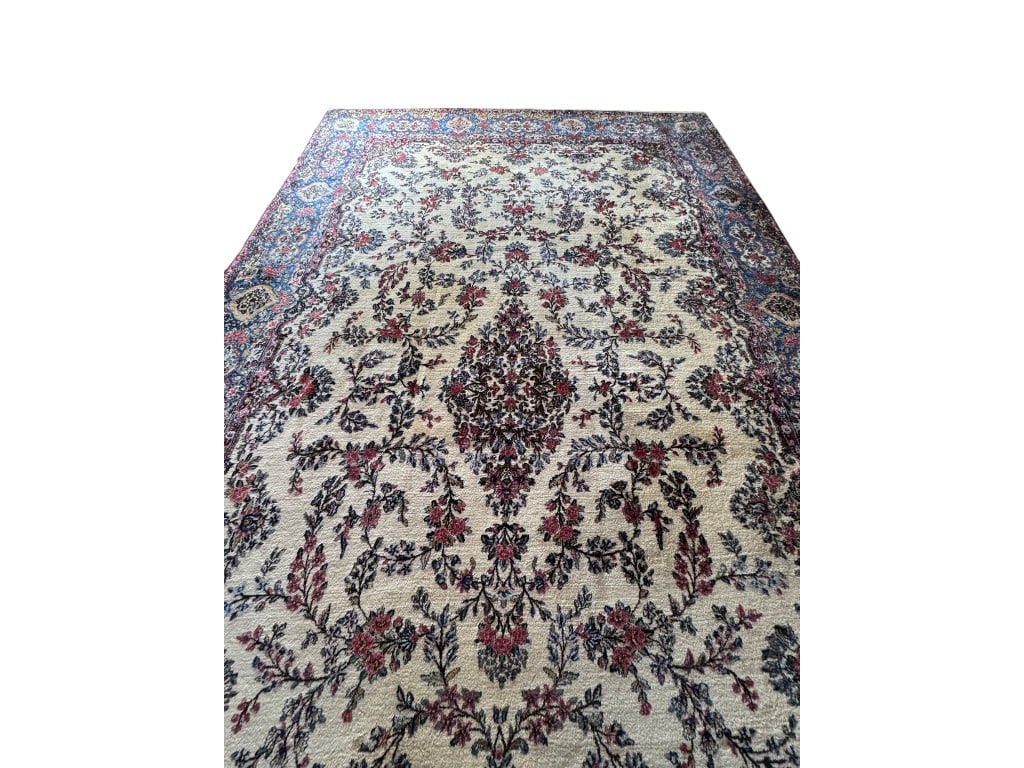 Fantastic Oversize Persian Kerman Wool Palace Carpet, Ivory Field with Floral Medallion and Blue - 4