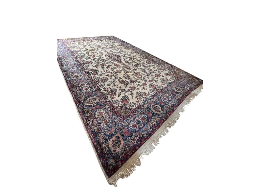 Fantastic Oversize Persian Kerman Wool Palace Carpet, Ivory Field with Floral Medallion and Blue - 6