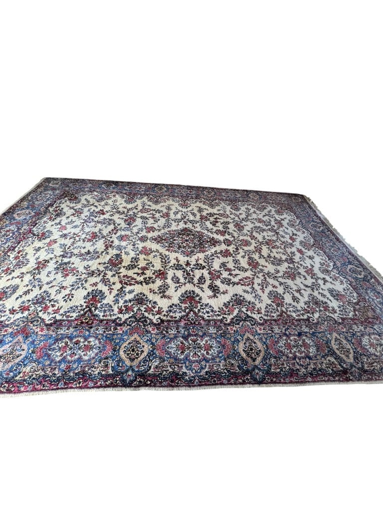 Fantastic Oversize Persian Kerman Wool Palace Carpet, Ivory Field with Floral Medallion and Blue - 8