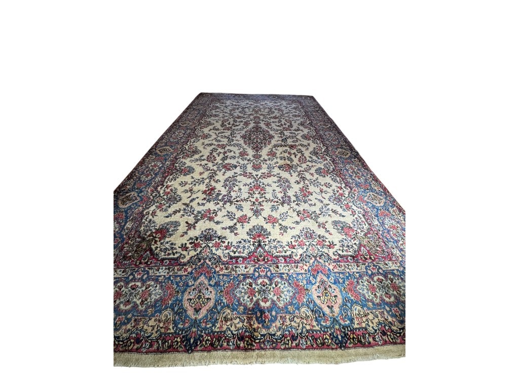 Fantastic Oversize Persian Kerman Wool Palace Carpet, Ivory Field with Floral Medallion and Blue - 9