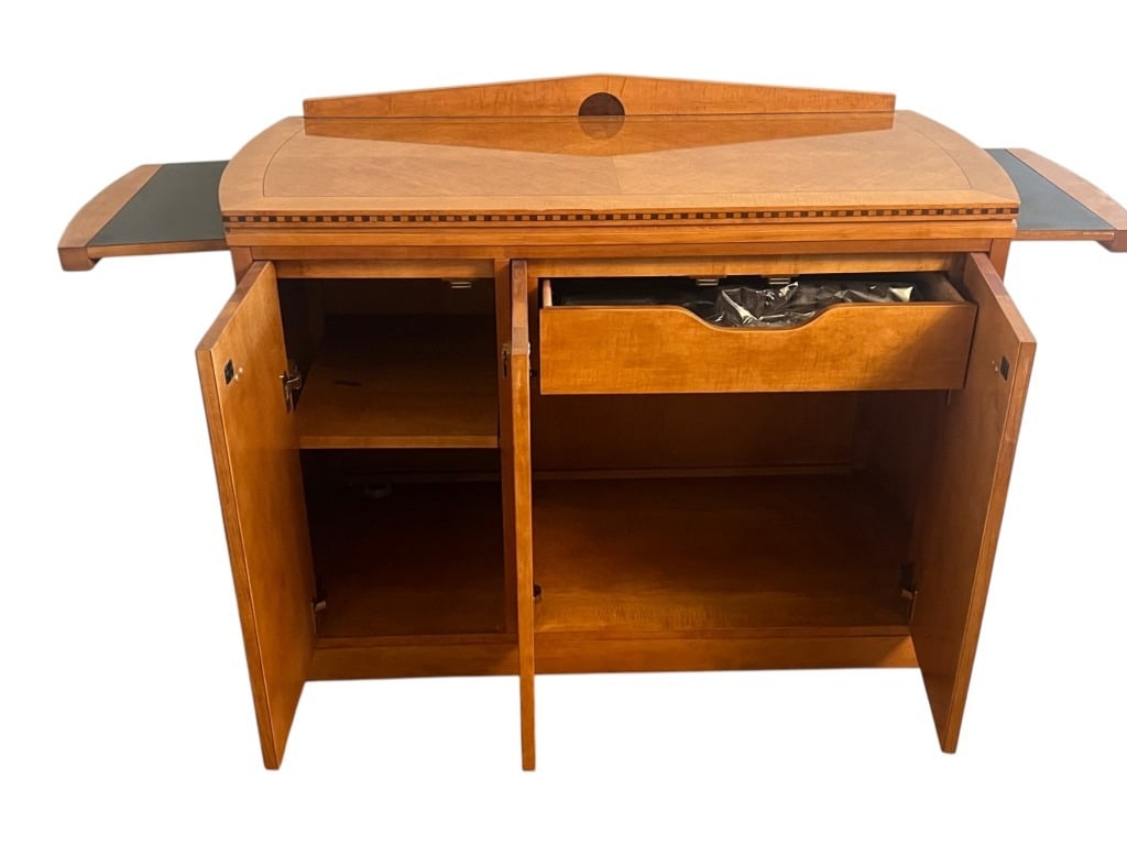 Hickory White Satinwood Expandable Bar Cabinet / Buffet Server with Fold-Out Leather-Lined Wings - 3