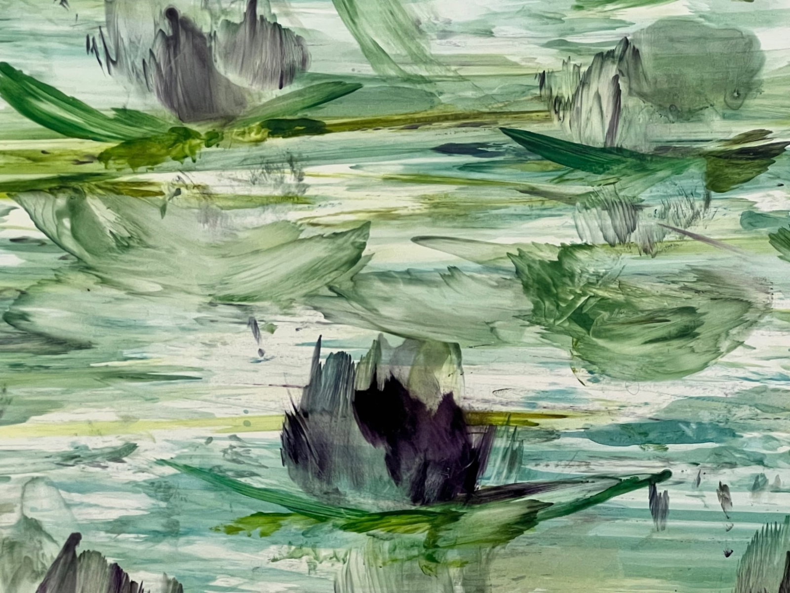 $12,500 Original Oil on Paper, Impressionistic Water Lily Pond in Green, Violet and White, Signed... - 2