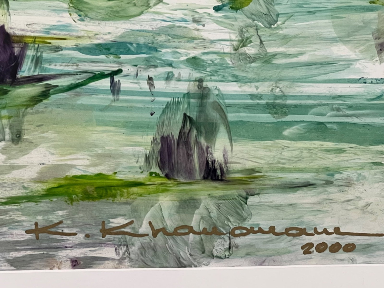 $12,500 Original Oil on Paper, Impressionistic Water Lily Pond in Green, Violet and White, Signed... - 3