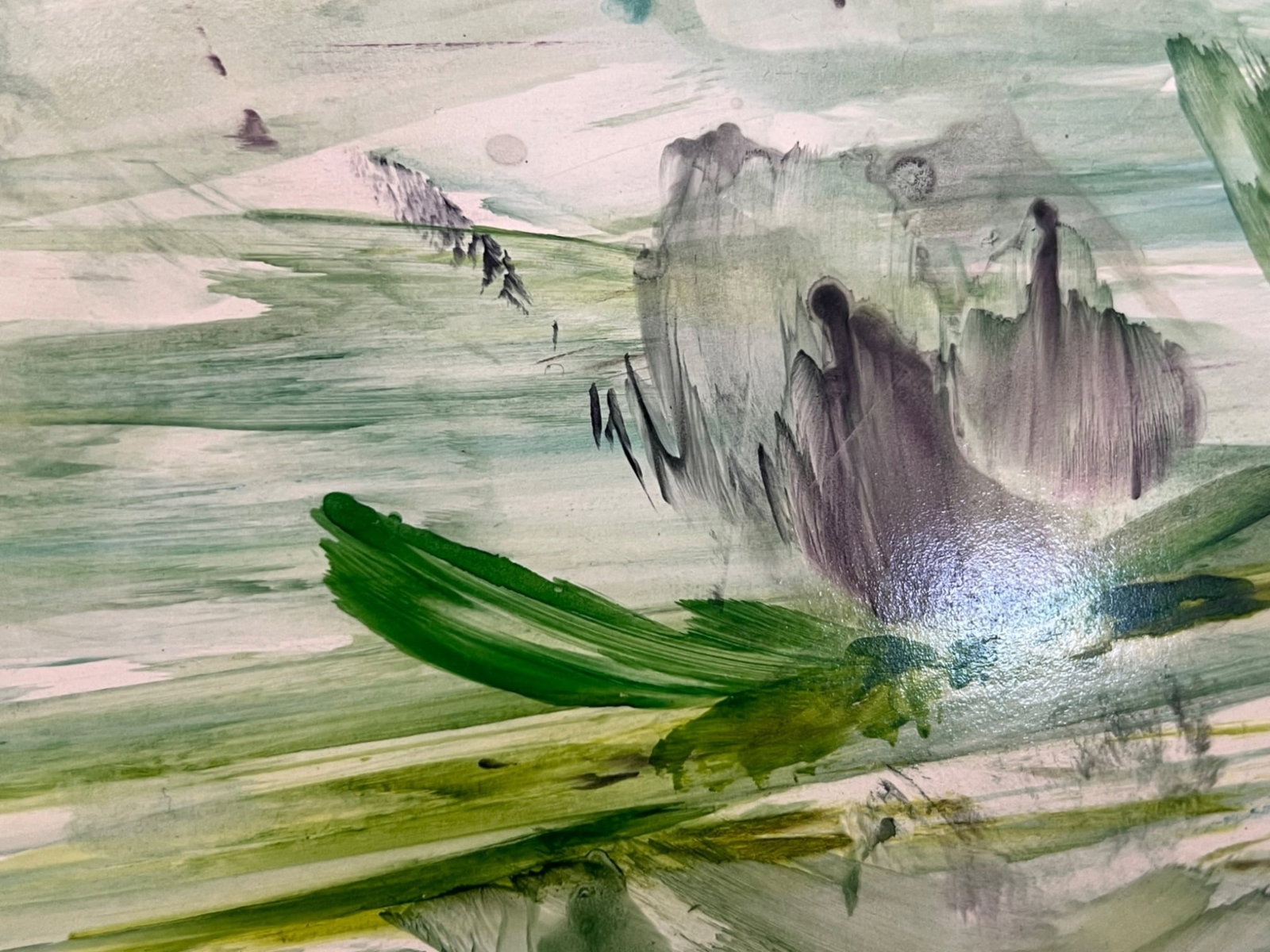 $12,500 Original Oil on Paper, Impressionistic Water Lily Pond in Green, Violet and White, Signed... - 4