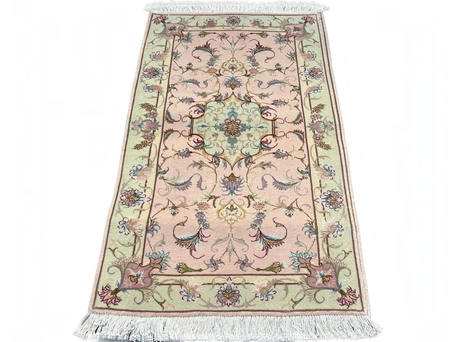 $3,840 - Blush and Sage Persian Tabriz Rug, Hand-Knotted Wool & Silk, 2'5" x 4'2" - 4