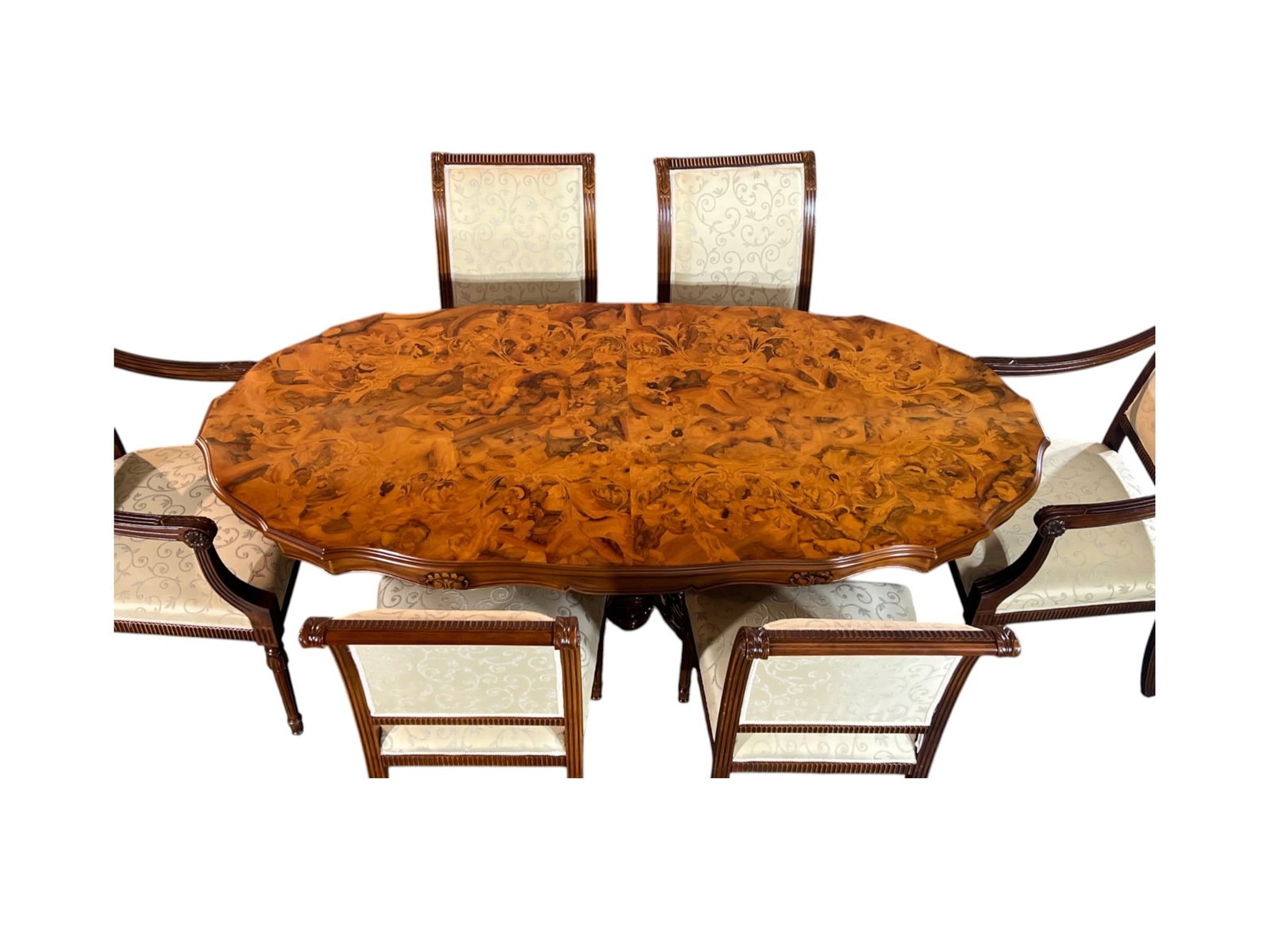 $22,000 Magnificent Maggiolini-Style Italian Marquetry Dining Table with Six Custom-Upholstered C... - 7