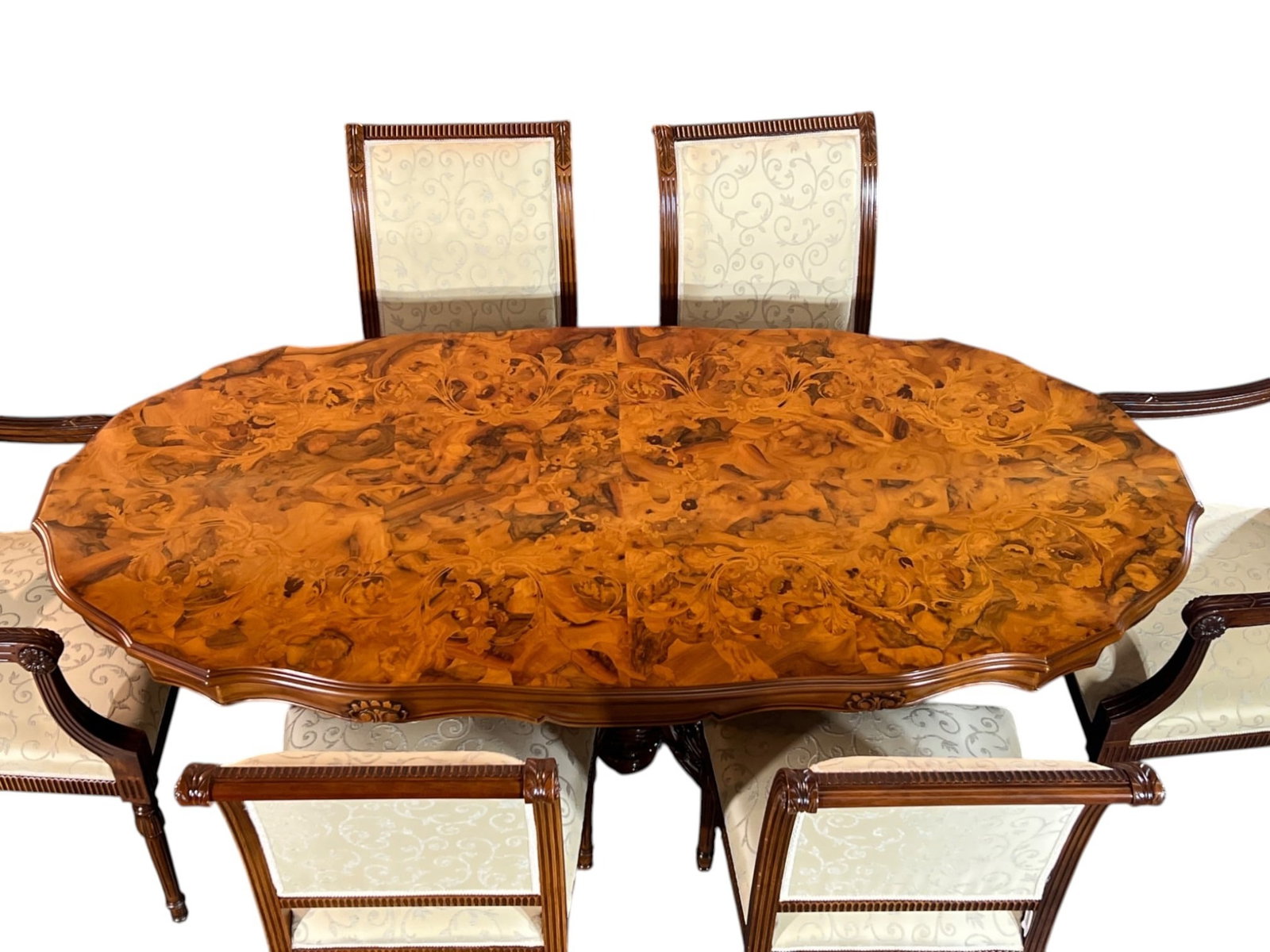 $22,000 Magnificent Maggiolini-Style Italian Marquetry Dining Table with Six Custom-Upholstered C... - 8