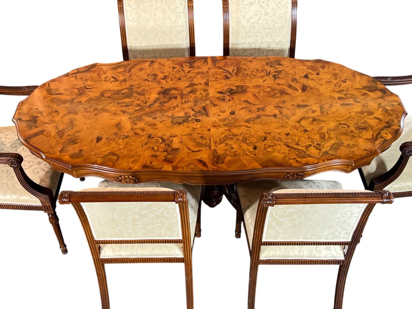 $22,000 Magnificent Maggiolini-Style Italian Marquetry Dining Table with Six Custom-Upholstered C... - 9