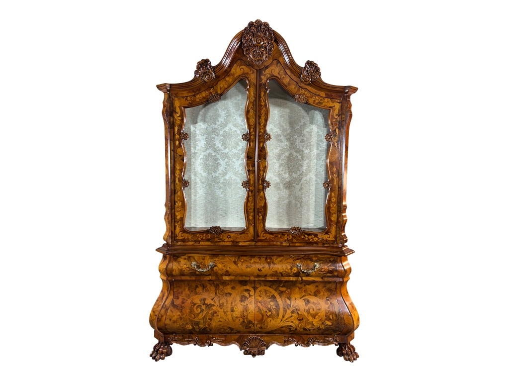 $32,000 Spectacular Italian Marquetry Bombé Display Cabinet Vitrine, Gallery Collection, A Gran: A magnificent companion to the gallery's Italian marquetry dining suite, this custom-crafted Italian display cabinet is a masterpiece of grand scale representing the highest level of cabinetmaking