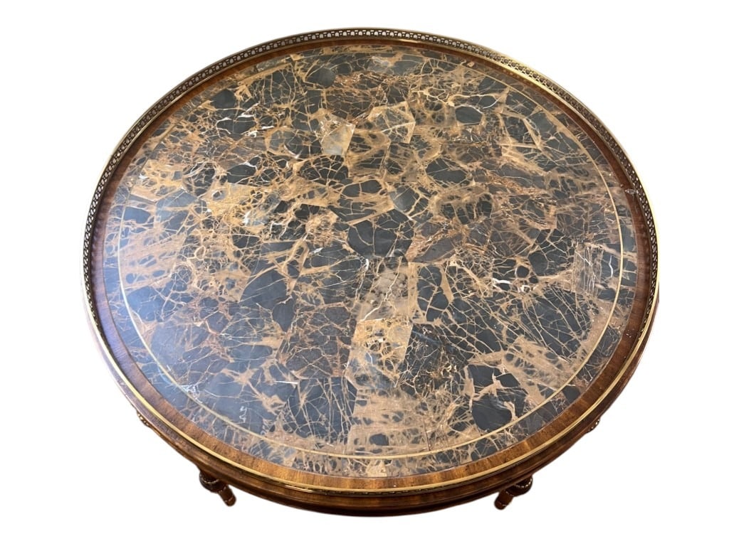 $3,800 Maitland-Smith Round Faux-Marble Inset Console Table with Brass Pierced Gallery, 32" - 2