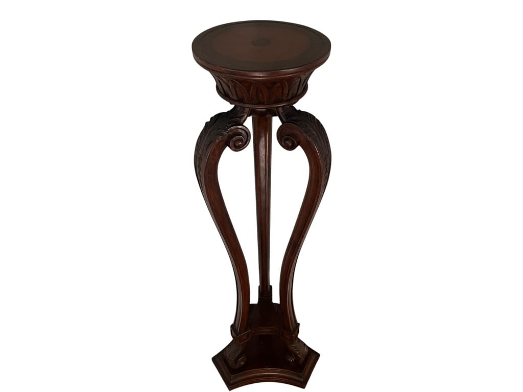 Statement piece! Carved Mahogany Torchère / Plant Pedestal Stand with Tripod Scroll Legs, 54" - 2