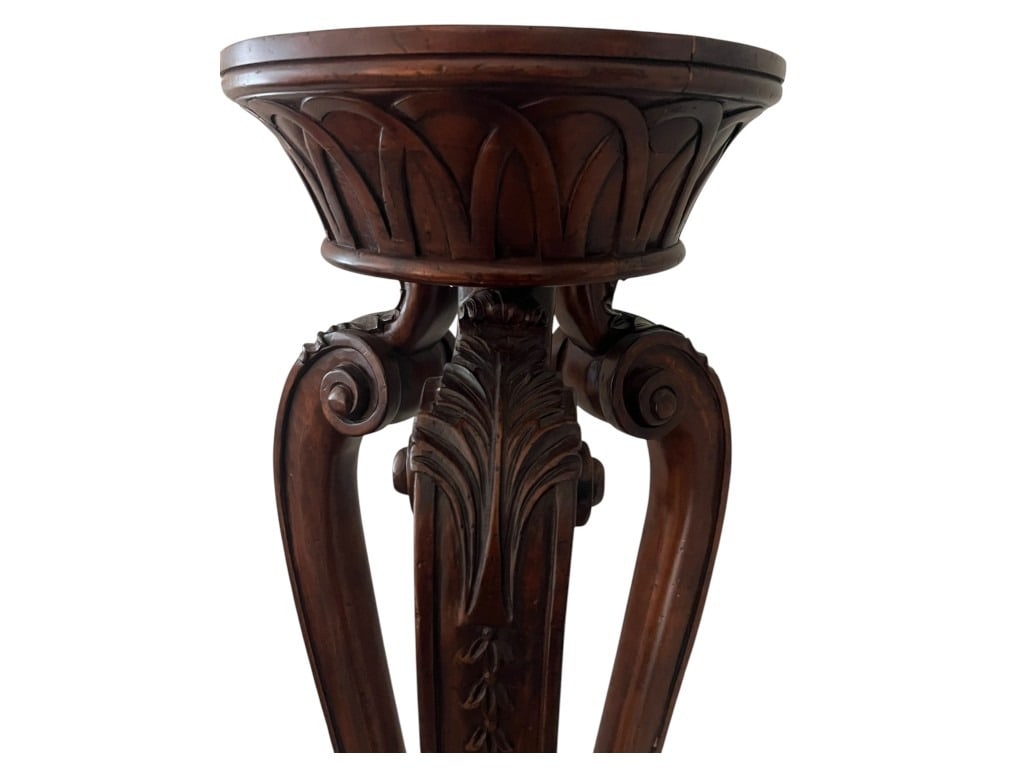 Statement piece! Carved Mahogany Torchère / Plant Pedestal Stand with Tripod Scroll Legs, 54" - 4