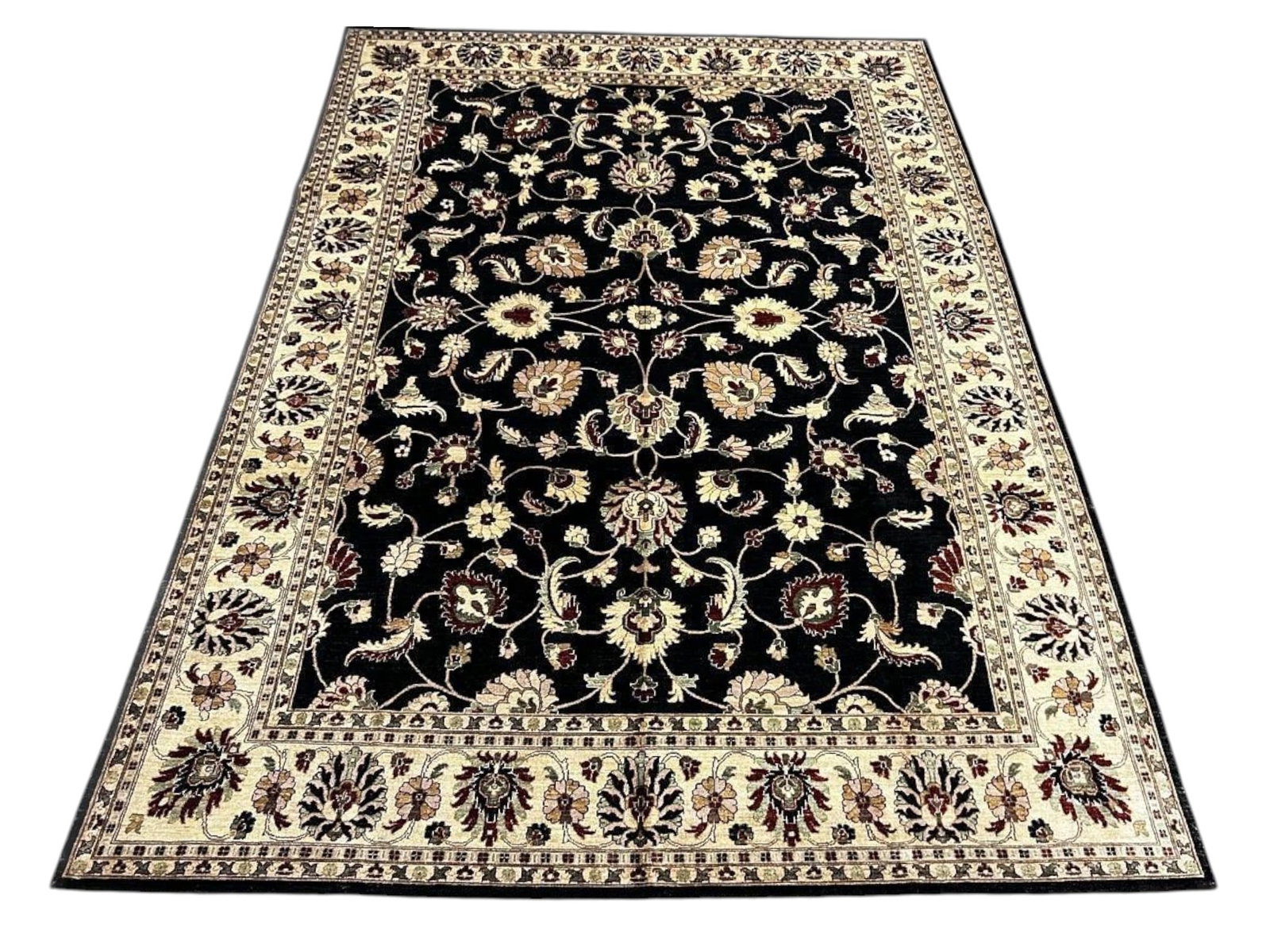 $11,220 - Ebony Ground Flowering Vine Carpet, Peshawar Design, Hand-Knotted Wool, 9'9" x 13'10": $11,220. A deep black field carries an elegant allover of ivory and cream flowering vine, linking stylised palmettes and rosettes with touches of burgundy and soft earth tone, framed by a wide ivory b
