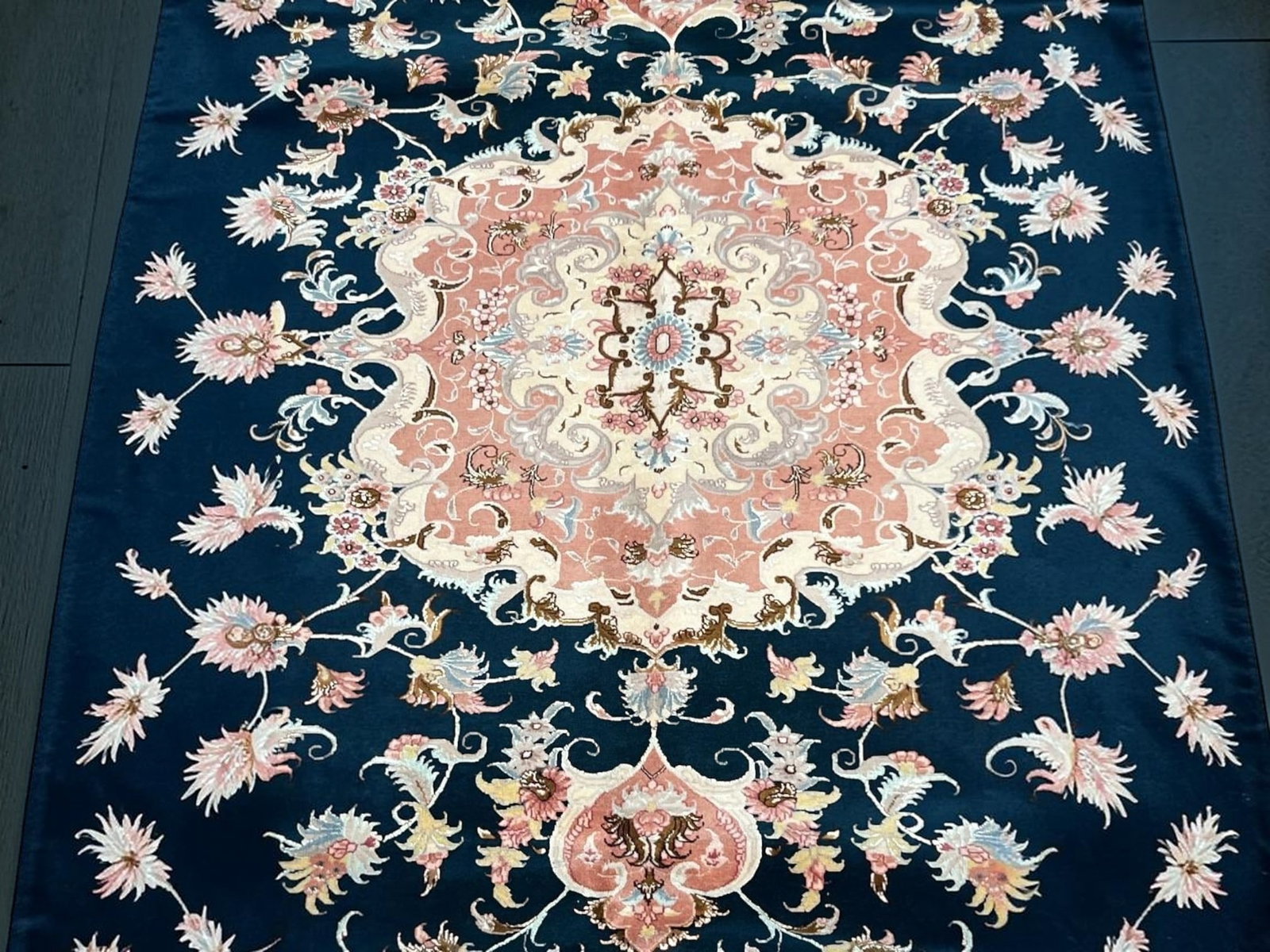 $22,400 - Indigo Medallion Persian Tabriz Rug, Hand-Knotted Wool & Silk, 6'8" x 9'11" - 2
