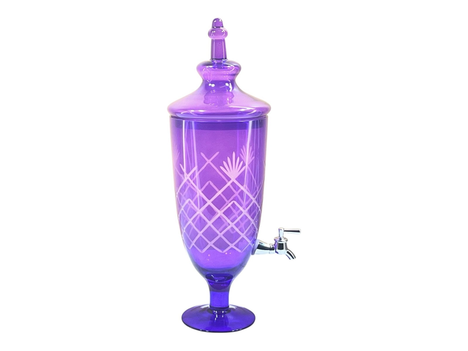 Elegant Purple Cut-to-Clear Glass Beverage Dispenser with Pineapple Motif, 20": This striking beverage dispenser showcases the elegant artistry of cut-to-clear glass craftsmanship, featuring a rich amethyst purple overlay cut away to reveal brilliant clear glass beneath. The